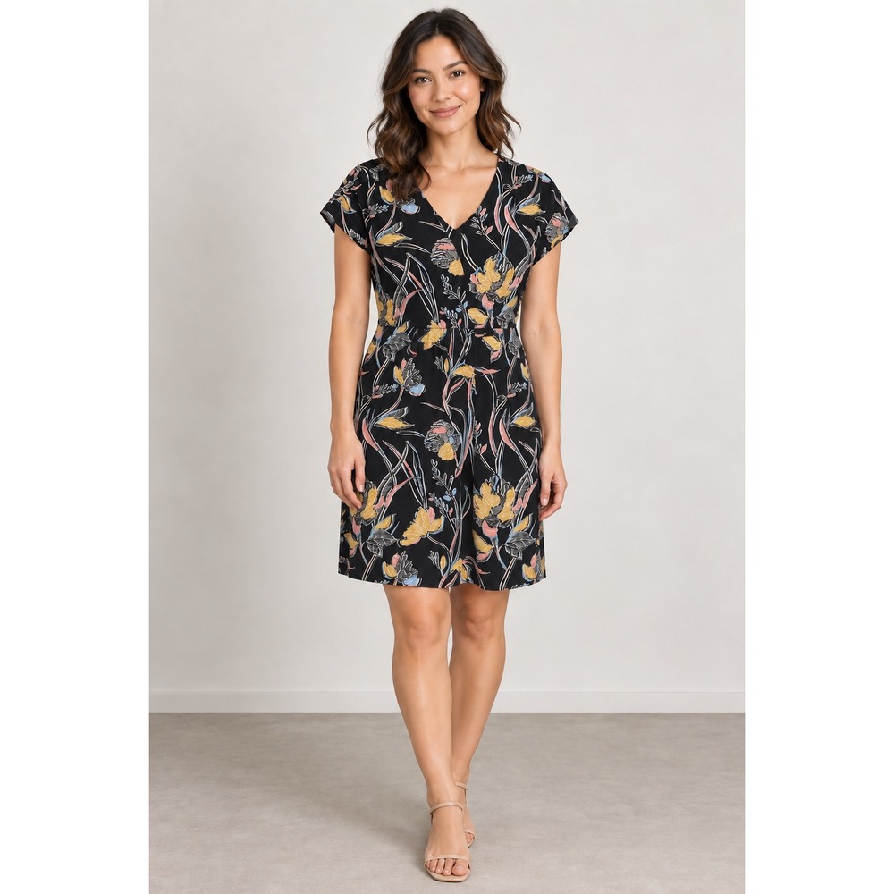 Halogen Petite Floral V-Neck Faux Wrap Dress Black Yellow Blue Medium P M
